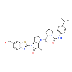 ChemSpider 2D Image | (2S)-2-{[(3aS,6S,6aR)-4-[6-(Hydroxymethyl)-1,3-benzothiazol-2-yl]-6-methyl-5-oxohexahydropyrrolo[3,2-b]pyrrol-1(2H)-yl]carbonyl}-N-(4-isopropylphenyl)-1-pyrrolidinecarboxamide | C30H35N5O4S