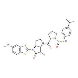 ChemSpider 2D Image | (2S)-N-(4-Isopropylphenyl)-2-{[(3aS,6S,6aR)-4-(5-methoxy-1,3-benzothiazol-2-yl)-6-methyl-5-oxohexahydropyrrolo[3,2-b]pyrrol-1(2H)-yl]carbonyl}-1-pyrrolidinecarboxamide | C30H35N5O4S