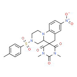 ChemSpider 2D Image | 1',3'-Dimethyl-3-[(4-methylphenyl)sulfonyl]-8-nitro-2,3,4,4a-tetrahydro-1H,2'H,6H-spiro[pyrazino[1,2-a]quinoline-5,5'-pyrimidine]-2',4',6'(1'H,3'H)-trione | C24H25N5O7S