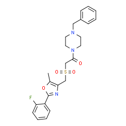 ChemSpider 2D Image | 1-(4-Benzyl-1-piperazinyl)-2-({[2-(2-fluorophenyl)-5-methyl-1,3-oxazol-4-yl]methyl}sulfonyl)ethanone | C24H26FN3O4S
