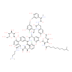 ChemSpider 2D Image | (1S,2R,19R,22R,34S,37R,40R,52R)-47-(alpha-D-Allopyranosyloxy)-5,32-dichloro-52-{[3-(dimethylamino)propyl]carbamoyl}-2,26,31,44,49-pentahydroxy-22-(methylamino)-21,35,38,54,56,59-hexaoxo-7,13,28-trioxa
-20,36,39,53,55,58-hexaazaundecacyclo[38.14.2.2~3,6~.2~14,17~.2~19,34~.1~8,12~.1~23,27~.1~29,33~.1~41,45~.0~10,37~.0~46,51~]hexahexaconta-3,5,8(64),9,11,14,16,23(61),24,26,29(60),30,32,41(57),42,44,46
,48,50,62,65-henicosaen-64-yl 2-deoxy-2-[(10-methylundecanoyl)amino]-beta-D-allopyranosiduronic acid | C88H100Cl2N10O28