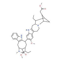 ChemSpider 2D Image | Methyl 3-[16-ethyl-8-methoxy-18-(2-methoxy-2-oxoethyl)-2,12-diazapentacyclo[15.1.1.0~2,15~.0~5,13~.0~6,11~]nonadeca-5(13),6,8,10-tetraen-9-yl]-19,20-dihydrovobasan-17-oate | C44H56N4O5