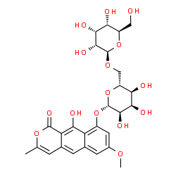 ChemSpider 2D Image | 10-Hydroxy-7-methoxy-3-methyl-1-oxo-1H-benzo[g]isochromen-9-yl 6-O-beta-D-allopyranosyl-beta-D-allopyranoside | C27H32O15
