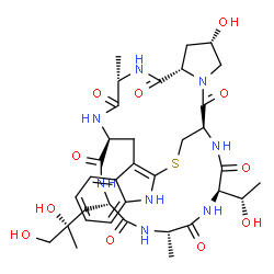 ChemSpider 2D Image | (1S,14R,18S,20S,23S,28S,31S,34R)-28-[(2S)-2,3-Dihydroxy-2-methylpropyl]-18-hydroxy-34-[(1S)-1-hydroxyethyl]-23,31-dimethyl-12-thia-10,16,22,25,27,30,33,36-octaazapentacyclo[12.11.11.0~3,11~.0~4,9~.0~1
6,20~]hexatriaconta-3(11),4,6,8-tetraene-15,21,24,26,29,32,35-heptone | C35H48N8O11S