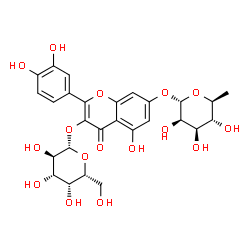 ChemSpider 2D Image | 7-[(6-Deoxy-alpha-L-mannopyranosyl)oxy]-2-(3,4-dihydroxyphenyl)-5-hydroxy-4-oxo-4H-chromen-3-yl beta-D-galactopyranoside | C27H30O16