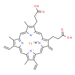 ChemSpider 2D Image | Iron(2+) hydrogen 3,7-bis(2-carboxyethyl)-8,12,17-trimethyl-2-methylene-13,18-divinyl-2H-porphine-21,22,24-triide (1:1:1) | C34H32FeN4O4
