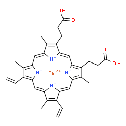 ChemSpider 2D Image | ferrous;3-[(1Z,4Z,10Z,14Z)-18-(2-carboxyethyl)-3,7,12,17-tetramethyl-8,13-divinyl-porphyrin-21,22,23,24-tetraid-2-yl]propanoic acid | C34H32FeN4O4