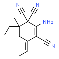 ChemSpider 2D Image | (4E)-2-Amino-6-ethyl-4-ethylidene-6-methyl-2-cyclohexene-1,1,3-tricarbonitrile | C14H16N4