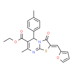 ChemSpider 2D Image | Ethyl (2Z)-2-(2-furylmethylene)-7-methyl-5-(4-methylphenyl)-3-oxo-2,3-dihydro-5H-[1,3]thiazolo[3,2-a]pyrimidine-6-carboxylate | C22H20N2O4S