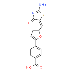 ChemSpider 2D Image | 4-{5-[(E)-(2-Amino-4-oxo-1,3-thiazol-5(4H)-ylidene)methyl]-2-furyl}benzoic acid | C15H10N2O4S