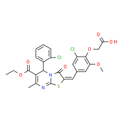 ChemSpider 2D Image | (2-Chloro-4-{(E)-[5-(2-chlorophenyl)-6-(ethoxycarbonyl)-7-methyl-3-oxo-5H-[1,3]thiazolo[3,2-a]pyrimidin-2(3H)-ylidene]methyl}-6-methoxyphenoxy)acetic acid | C26H22Cl2N2O7S