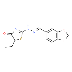 ChemSpider 2D Image | 2-[(2E)-2-(1,3-Benzodioxol-5-ylmethylene)hydrazino]-5-ethyl-1,3-thiazol-4(5H)-one | C13H13N3O3S