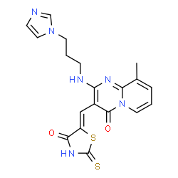 ChemSpider 2D Image | 2-{[3-(1H-Imidazol-1-yl)propyl]amino}-9-methyl-3-[(Z)-(4-oxo-2-thioxo-1,3-thiazolidin-5-ylidene)methyl]-4H-pyrido[1,2-a]pyrimidin-4-one | C19H18N6O2S2