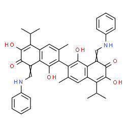 ChemSpider 2D Image | 8,8'-Bis(anilinomethylene)-1,1',6,6'-tetrahydroxy-5,5'-diisopropyl-3,3'-dimethyl-2,2'-binaphthalene-7,7'(8H,8'H)-dione | C42H40N2O6