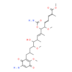ChemSpider 2D Image | Methyl (8E)-15-(5-amino-2-methoxy-3,6-dioxo-1,4-cyclohexadien-1-yl)-7-(carbamoyloxy)-11-hydroxy-6,12-dimethoxy-2,8,10,14-tetramethyl-2,4,8-pentadecatrienoate | C30H44N2O10