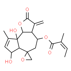 ChemSpider 2D Image | 7,9a-Dihydroxy-9-methyl-3-methylene-2-oxo-3,3a,4,5,6a,7,9a,9b-octahydro-2H-spiro[azuleno[4,5-b]furan-6,2'-oxiran]-4-yl (2Z)-2-methyl-2-butenoate | C20H24O7