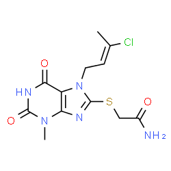 ChemSpider 2D Image | 2-({7-[(2E)-3-Chloro-2-buten-1-yl]-3-methyl-2,6-dioxo-2,3,6,7-tetrahydro-1H-purin-8-yl}sulfanyl)acetamide | C12H14ClN5O3S