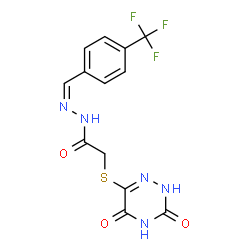 ChemSpider 2D Image | 2-[(3,5-Dioxo-2,3,4,5-tetrahydro-1,2,4-triazin-6-yl)sulfanyl]-N'-{(Z)-[4-(trifluoromethyl)phenyl]methylene}acetohydrazide | C13H10F3N5O3S