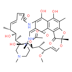 ChemSpider 2D Image | (7S,9E,11S,12R,13S,14R,15R,16R,17S,18S,26Z)-2,15,17,29-Tetrahydroxy-11-methoxy-3,7,12,14,16,18,22-heptamethyl-26-{[(4-methyl-1-piperazinyl)amino]methylene}-6,23,27-trioxo-8,30-dioxa-24-azatetracyclo[2
3.3.1.1~4,7~.0~5,28~]triaconta-1(28),2,4,9,19,21,25(29)-heptaen-13-yl acetate | C43H58N4O12