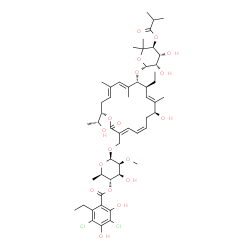 ChemSpider 2D Image | (2R,3S,4S,5S,6R)-6-({(3E,5Z,8S,9E,11S,12R,13E,15E,18S)-12-{[(2R,3S,4R,5S)-3,4-Dihydroxy-5-(isobutyryloxy)-6,6-dimethyltetrahydro-2H-pyran-2-yl]oxy}-11-ethyl-8-hydroxy-18-[(1R)-1-hydroxyethyl]-9,13,15-
trimethyl-2-oxooxacyclooctadeca-3,5,9,13,15-pentaen-3-yl}methoxy)-4-hydroxy-5-methoxy-2-methyltetrahydro-2H-pyran-3-yl 3,5-dichloro-2-ethyl-4,6-dihydroxybenzoate (non-preferred name) | C52H74Cl2O18