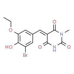 ChemSpider 2D Image | (5E)-5-(3-Bromo-5-ethoxy-4-hydroxybenzylidene)-1-methyl-2,4,6(1H,3H,5H)-pyrimidinetrione | C14H13BrN2O5