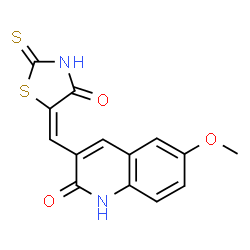 ChemSpider 2D Image | 4-thiazolidinone, 5-[(2-hydroxy-6-methoxy-3-quinolinyl)methylene]-2-thioxo-, (5E)- | C14H10N2O3S2