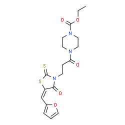 ChemSpider 2D Image | Ethyl 4-{3-[(5E)-5-(2-furylmethylene)-4-oxo-2-thioxo-1,3-thiazolidin-3-yl]propanoyl}-1-piperazinecarboxylate | C18H21N3O5S2