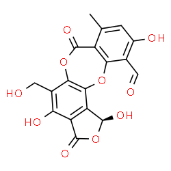 ChemSpider 2D Image | (1S)-1,4,10-Trihydroxy-5-(hydroxymethyl)-8-methyl-3,7-dioxo-1,3-dihydro-7H-2,6,12-trioxabenzo[5,6]cyclohepta[1,2-e]indene-11-carbaldehyde | C18H12O10