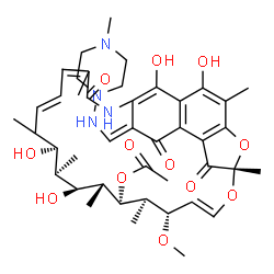 ChemSpider 2D Image | (7S,9E,11S,12R,13R,14R,15R,16R,17S,19E,26E)-2,15,17,29-Tetrahydroxy-11-methoxy-3,7,12,14,16,18,22-heptamethyl-26-{[(4-methyl-1-piperazinyl)amino]methylene}-6,23,27-trioxo-8,30-dioxa-24-azatetracyclo[2
3.3.1.1~4,7~.0~5,28~]triaconta-1(28),2,4,9,19,21,25(29)-heptaen-13-yl acetate | C43H58N4O12