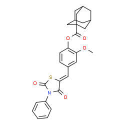 ChemSpider 2D Image | 4-[(Z)-(2,4-Dioxo-3-phenyl-1,3-thiazolidin-5-ylidene)methyl]-2-methoxyphenyl 1-adamantanecarboxylate | C28H27NO5S