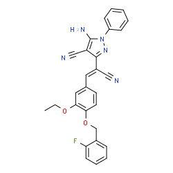 ChemSpider 2D Image | 5-Amino-3-[(Z)-1-cyano-2-{3-ethoxy-4-[(2-fluorobenzyl)oxy]phenyl}vinyl]-1-phenyl-1H-pyrazole-4-carbonitrile | C28H22FN5O2