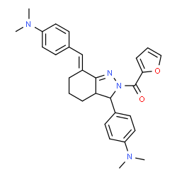 ChemSpider 2D Image | {(7E)-7-[4-(Dimethylamino)benzylidene]-3-[4-(dimethylamino)phenyl]-3,3a,4,5,6,7-hexahydro-2H-indazol-2-yl}(2-furyl)methanone | C29H32N4O2