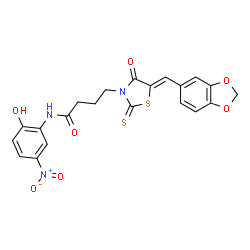 ChemSpider 2D Image | 4-[(5Z)-5-(1,3-Benzodioxol-5-ylmethylene)-4-oxo-2-thioxo-1,3-thiazolidin-3-yl]-N-(2-hydroxy-5-nitrophenyl)butanamide | C21H17N3O7S2