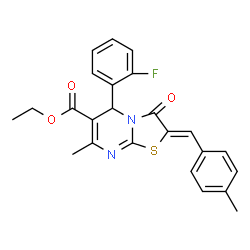 ChemSpider 2D Image | Ethyl (2Z)-5-(2-fluorophenyl)-7-methyl-2-(4-methylbenzylidene)-3-oxo-2,3-dihydro-5H-[1,3]thiazolo[3,2-a]pyrimidine-6-carboxylate | C24H21FN2O3S