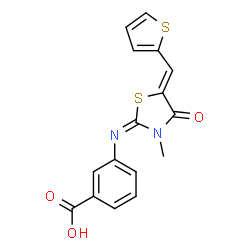 ChemSpider 2D Image | 3-{(E)-[(5Z)-3-Methyl-4-oxo-5-(2-thienylmethylene)-1,3-thiazolidin-2-ylidene]amino}benzoic acid | C16H12N2O3S2