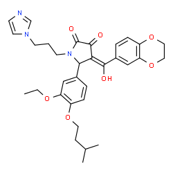 ChemSpider 2D Image | (4E)-4-[2,3-Dihydro-1,4-benzodioxin-6-yl(hydroxy)methylene]-5-[3-ethoxy-4-(3-methylbutoxy)phenyl]-1-[3-(1H-imidazol-1-yl)propyl]-2,3-pyrrolidinedione | C32H37N3O7