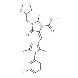 ChemSpider 2D Image | Methyl (4Z)-4-{[1-(3-chlorophenyl)-2,5-dimethyl-1H-pyrrol-3-yl]methylene}-2-methyl-5-oxo-1-(tetrahydro-2-furanylmethyl)-4,5-dihydro-1H-pyrrole-3-carboxylate | C25H27ClN2O4
