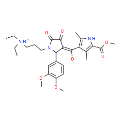 ChemSpider 2D Image | (E)-{1-[3-(Diethylammonio)propyl]-2-(3,4-dimethoxyphenyl)-4,5-dioxo-3-pyrrolidinylidene}[5-(methoxycarbonyl)-2,4-dimethyl-1H-pyrrol-3-yl]methanolate | C28H37N3O7