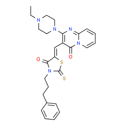 ChemSpider 2D Image | 2-(4-Ethyl-1-piperazinyl)-3-{(Z)-[4-oxo-3-(3-phenylpropyl)-2-thioxo-1,3-thiazolidin-5-ylidene]methyl}-4H-pyrido[1,2-a]pyrimidin-4-one | C27H29N5O2S2