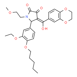 ChemSpider 2D Image | (4E)-4-[2,3-Dihydro-1,4-benzodioxin-6-yl(hydroxy)methylene]-5-[3-ethoxy-4-(pentyloxy)phenyl]-1-(2-methoxyethyl)-2,3-pyrrolidinedione | C29H35NO8