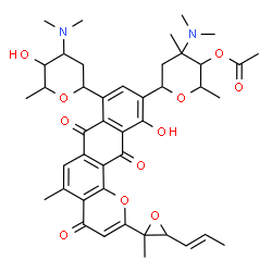 ChemSpider 2D Image | 4-(Dimethylamino)-6-(8-[4-(dimethylamino)-5-hydroxy-6-methyltetrahydro-2H-pyran-2-yl]-11-hydroxy-5-methyl-2-{2-methyl-3-[(1E)-1-propen-1-yl]-2-oxiranyl}-4,7,12-trioxo-7,12-dihydro-4H-naphtho[2,3-h]chr
omen-10-yl)-2,4-dimethyltetrahydro-2H-pyran-3-yl acetate | C43H52N2O11