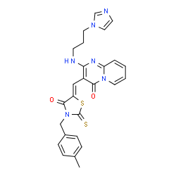 ChemSpider 2D Image | 2-{[3-(1H-Imidazol-1-yl)propyl]amino}-3-{(Z)-[3-(4-methylbenzyl)-4-oxo-2-thioxo-1,3-thiazolidin-5-ylidene]methyl}-4H-pyrido[1,2-a]pyrimidin-4-one | C26H24N6O2S2