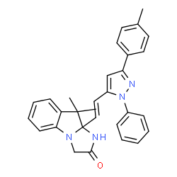 ChemSpider 2D Image | 9,9-Dimethyl-9a-{(E)-2-[3-(4-methylphenyl)-1-phenyl-1H-pyrazol-5-yl]vinyl}-9,9a-dihydro-1H-imidazo[1,2-a]indol-2(3H)-one | C30H28N4O