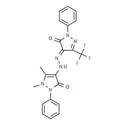 ChemSpider 2D Image | 1,5-Dimethyl-4-{(2E)-2-[5-oxo-1-phenyl-3-(trifluoromethyl)-1,5-dihydro-4H-pyrazol-4-ylidene]hydrazino}-2-phenyl-1,2-dihydro-3H-pyrazol-3-one | C21H17F3N6O2