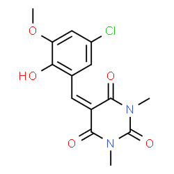ChemSpider 2D Image | 5-(5-Chloro-2-hydroxy-3-methoxybenzylidene)-1,3-dimethyl-2,4,6(1H,3H,5H)-pyrimidinetrione | C14H13ClN2O5