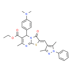 ChemSpider 2D Image | Ethyl (2Z)-5-[4-(dimethylamino)phenyl]-2-[(3,5-dimethyl-1-phenyl-1H-pyrazol-4-yl)methylene]-7-methyl-3-oxo-2,3-dihydro-5H-[1,3]thiazolo[3,2-a]pyrimidine-6-carboxylate | C30H31N5O3S