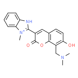 ChemSpider 2D Image | 2-{8-[(Dimethylamino)methyl]-7-hydroxy-2-oxo-2H-chromen-3-yl}-3-methyl-1H-3,1-benzimidazol-3-ium | C20H20N3O3