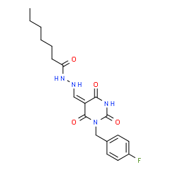 ChemSpider 2D Image | N'-{(E)-[1-(4-Fluorobenzyl)-2,4,6-trioxotetrahydro-5(2H)-pyrimidinylidene]methyl}heptanehydrazide | C19H23FN4O4