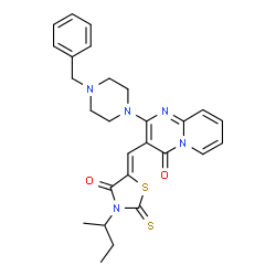 ChemSpider 2D Image | 2-(4-Benzyl-1-piperazinyl)-3-[(Z)-(3-sec-butyl-4-oxo-2-thioxo-1,3-thiazolidin-5-ylidene)methyl]-4H-pyrido[1,2-a]pyrimidin-4-one | C27H29N5O2S2