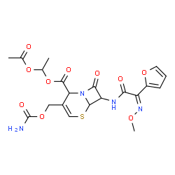 ChemSpider 2D Image | 1-Acetoxyethyl 3-[(carbamoyloxy)methyl]-7-{[(2Z)-2-(2-furyl)-2-(methoxyimino)acetyl]amino}-8-oxo-5-thia-1-azabicyclo[4.2.0]oct-3-ene-2-carboxylate | C20H22N4O10S